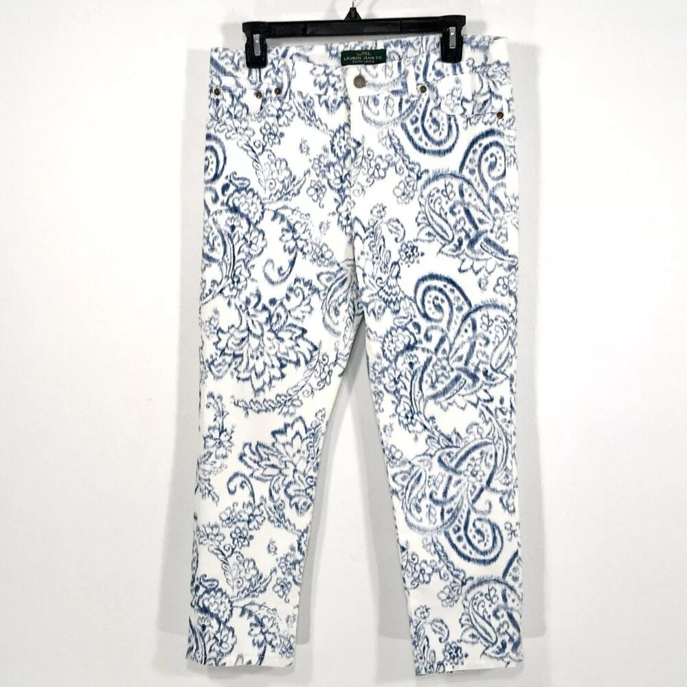 Vtg Ralph Lauren/ Lauren Jeans Ankle Sz 8 Paisley Floral Print White Denim
